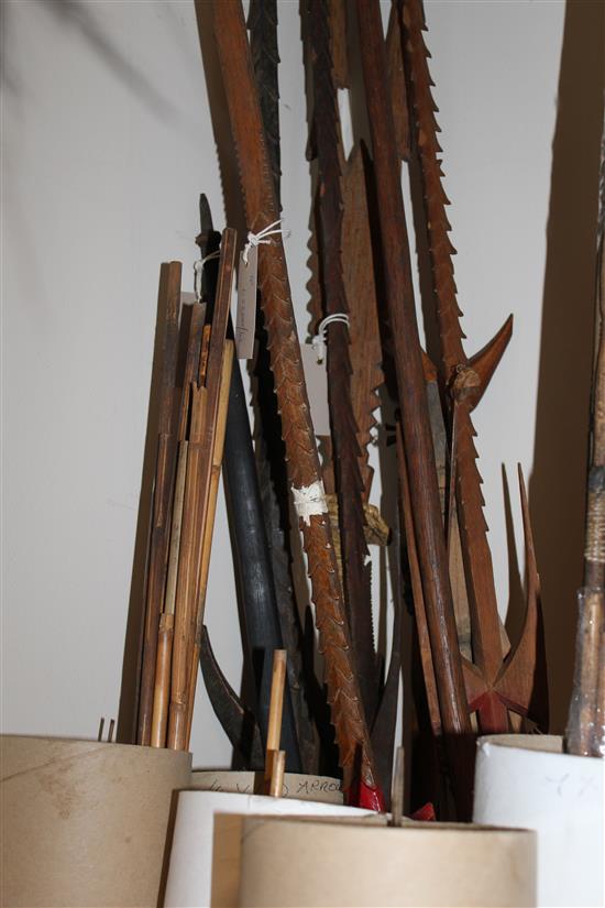 Collection of Sepik River tribal spears, bamboo arrows etc.